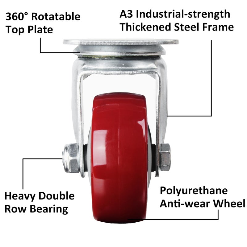 Finnhomy 3 Inch Swivel Casters Wheels Set of 4 Heavy Duty Plate Casters Premium Polyurethane Wheels PU Load Bearing 2,200 Lbs Anti-wear Smooth Casters Red (Free Screws) - Image 3